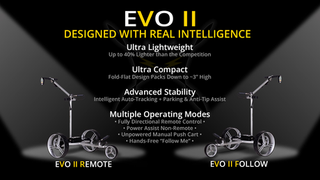 Feature overview graphic of BATCADDY EVO II Remote and Follow electric golf caddies highlighting lightweight design, compact folding, intelligent tracking, and multiple operating modes.
